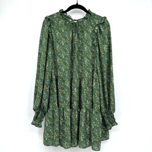 Max Studio Boho Floral Ruffle Collar Ties Tiered Mini Dress Sz M Peasant Hippie